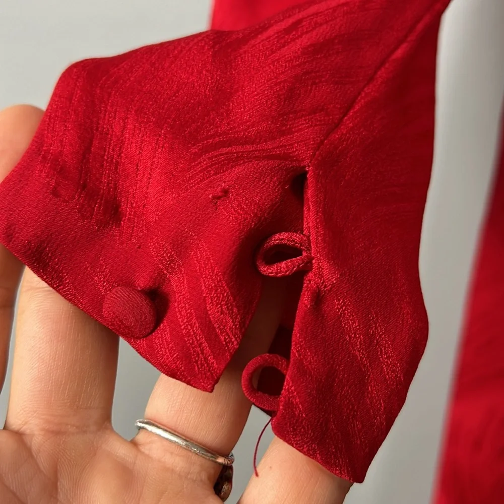 Vintage Women’s Silk Red Shift Dress Faux Feather Hem Necktie Slip on size S - Picture 14 of 17